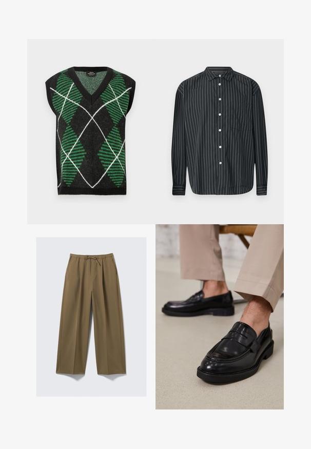 Pull sans manches noir avec un motif losange vert et blanc, des rayures texturées, un col en V et des bords côtelés.; Chemise noire à manches longues avec des rayures verticales blanches fines, une poche poitrine unique, un tissu lisse et un col classique.; Pantalons larges en vert olive, en tissu doux avec une taille élastique et un cordon de serrage ajustable. Comprend deux poches latérales.; Mocassins en cuir noir avec une finition lisse, ornés d'une sangle décorative et de coutures contrastées, associés à un pantalon beige.