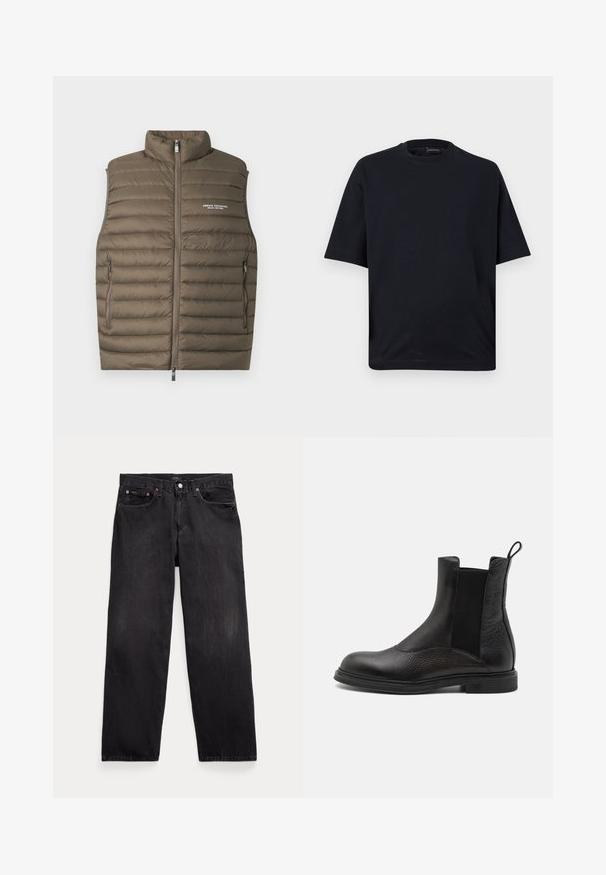 Hnedá prešívaná vesta bez rukávov so zipsom vpredu a dvoma vreckami na zips, značky Armani Exchange na ľavej hornej časti hrudníka.; Čierne oversized tričko s krátkym rukávom a okrúhlym výstrihom, položené na bielom pozadí.; Čierne rifle s rovnými nohavicami, piatimi vreckami, zapínaním na gombíky a viditeľnými kovovými nitmi na predných vreckách.; Emporio Armani Klasické členkové čižmy - nero