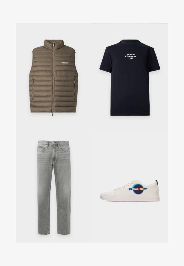 Brun polstret ærmeløs vest med frontlynlås og to lynlåslommer, mærket Armani Exchange på øverste venstre bryst.; Sort bomulds T-shirt med rund halsudskæring og korte ærmer. Hvid broderet tekst med "ARMANI EXCHANGE 1991" står centralt.; Grå denim jeans med lige ben, der har et klassisk fem-lomme-design og subtilt slid for tekstur. Standard lynlåslukning.; Hvid lav sneaker med hvid sål, snørebånd og en sort cirkellogo med teksten "PS PAUL SMITH" på siden.