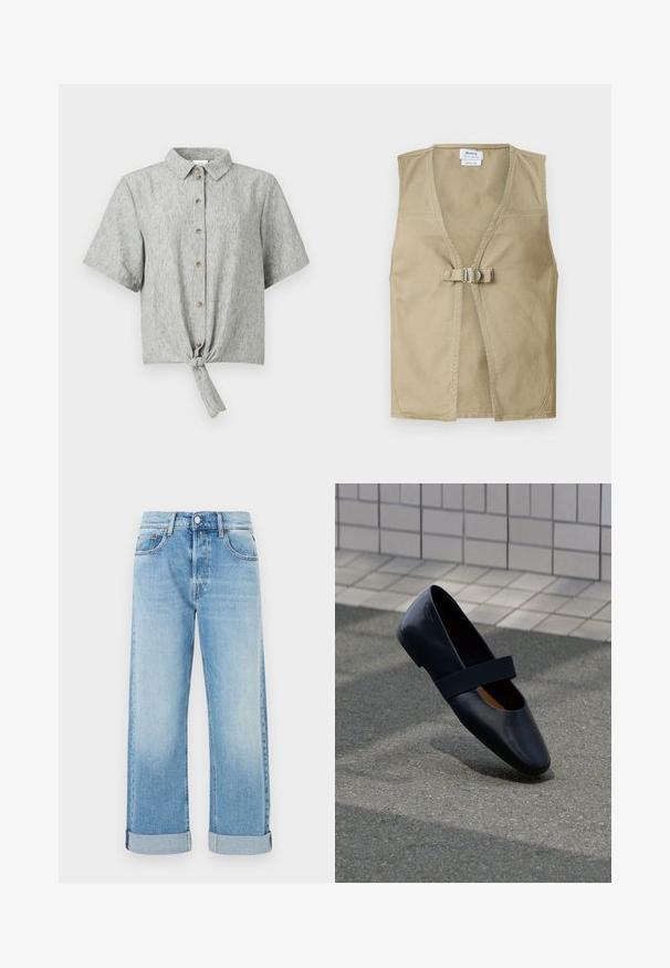 Beige ilmanhiha vest, joka on valmistettu kestävästä kankaasta ja jossa on syvä V-pääntie, etupainikekiinnitys ja selkeä, minimalistinen muotoilu.; Lyhythihainen, napitettava paita vaaleanharmaasta kankaasta, jossa on solmittu etuosan yksityiskohta, litteä kaulus ja puiset napit koristeluna.; Vaaleansiniset farkut, joissa on suora lahje, viisi taskua, napitus ja käännetyt lahkeiden reunat.; Musta nahkakenkä, jossa on pyöreä kärki ja pehmeä musta joustava nauha päällä. Sileä pinta ja yksinkertainen muotoilu.