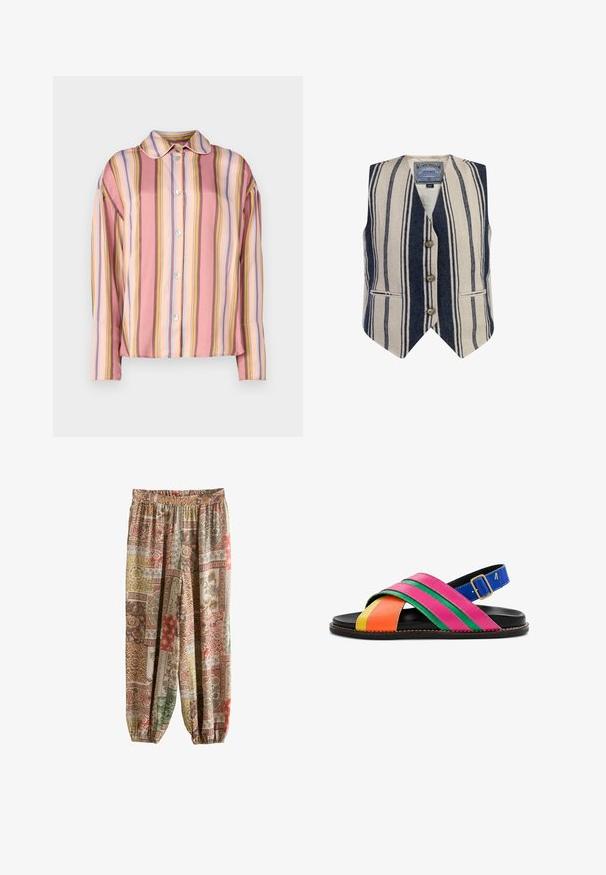 Bredstribet vest i beige og marineblå med V-udskæring, fire knapper og sidelommer. Vævet tekstur med lodrette striber og en afslappet pasform.; Skjorte med knapper foran med lodrette striber i pink, fersken og pastel farver, med krave og lange ærmer, lavet af glat stof.; Løse bukser med elastik i talje og manchetter, der har et patchworkmønster af blomster- og geometriske designs i jordfarver.; Flad sandal med multifarvede læderremme i gul, orange, pink og grøn samt en blå ankelrem med en guldbeslået spænde.