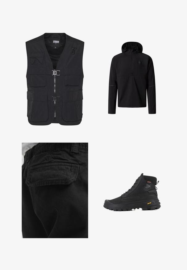 Gilet utilitaire noir en tissu léger, doté de plusieurs poches avant, d'une fermeture éclair et d'un intérieur en mesh pour la ventilation.; Pull-over à capuche noir à manches longues avec une fermeture éclair partielle et un logo discret sur le côté gauche de la poitrine, conçu pour une utilisation en extérieur ou pour un style décontracté.; Poche arrière d’un pantalon noir avec rabat et coutures visibles, porté par une personne en chemise blanche.; Baskets montantes noires avec une surface texturée, dotées d'un design imperméable, d'un système de laçage et d'une semelle en caoutchouc proéminente avec la marque Vibram.