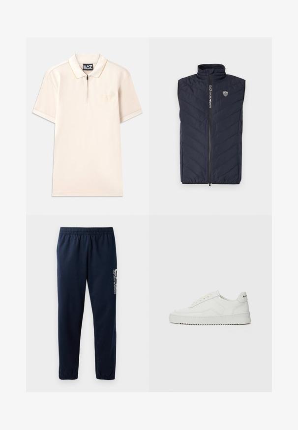 Marineblaue ärmellose Steppweste mit vertikalem Steppmuster, hohem Kragen, durchgehendem Reißverschluss und Logo auf der Brust.; Beige Poloshirt mit kurzen Ärmeln, Reißverschlusskragen und dezentem Logostick. Weicher Stoff mit kontrastierenden Akzenten am Kragen und den Ärmeln.; Marineblaues Sweatpants mit elastischem Bund, zulaufenden Beinen und einem weißen Logo an der Seite. Glattes Gewebe mit leichter Textur.; Weiße Ledersneaker mit glatter Oberfläche, runder Zehenpartie, flachen Schnürsenkeln und strukturiertem Sohlenprofil. Mit einem dezenten Logo an der Ferse.