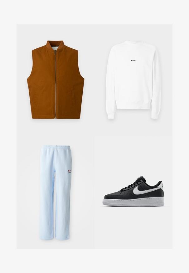 Brun ærmeløs vest med frontlynlås og to sidelommer, med en ribbet krave, liggende fladt på en hvid baggrund.; Hvid langærmet sweatshirt med rund hals og lille sort "MSGM"-logo centreret på brystet.; Lysblå joggebukser med elastisk talje, prydet med et lille rødt Nike-logo og teksten "Athletic Department". Blødt bomuldsstof.; Sort lædersneaker med tekstureret overflade, hvid Nike swoosh, grå sål, rund tå og snørebåndsdesign. Har perforeringer på tåboksen.