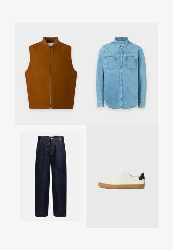 Gilet sans manches marron avec fermeture éclair à l'avant et deux poches latérales, avec un col côtelé, posé à plat sur un fond blanc.; Chemise en denim bleu clair avec un col boutonné, deux poches poitrine et des accents de boutons argentés. Elle possède des manches longues et un ourlet arrondi.; Jeans en denim foncé avec une coupe droite, dotés de cinq poches, de rivets en cuivre et de coutures contrastantes le long des coutures.; Sneaker en toile blanche avec une semelle en gomme, accent au talon noir, bout rond et design à lacets. Présente le logo de la marque en doré sur le côté.