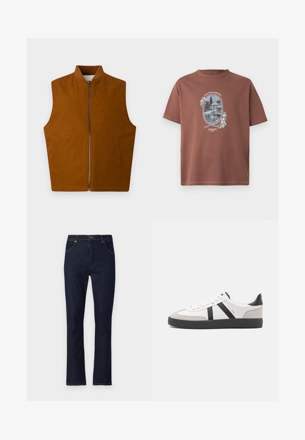 Braun ärmellose Weste mit Frontreißverschluss und zwei Seitentaschen, mit einem gerippten Kragen, flach auf einem weißen Hintergrund ausgelegt.; Braunes Baumwoll-T-Shirt mit einem Vintage-Grafikdruck eines Seeresorts, umrahmt von weißen Blumenakzenten. Kurze Ärmel und Rundhalsausschnitt.; Dunkelblaue Jeans mit geradem Bein, Vordertaschen, Gürtelschlaufen und Knopfverschluss.; Weiße Sneaker mit schwarz- und grau-aczenten, ausgestattet mit einer strukturierten grauen Zehenkappe, schwarzer Gummi-Sohle und flachen weißen Schnürsenkeln. Sauberes Design, minimalistische Stil.