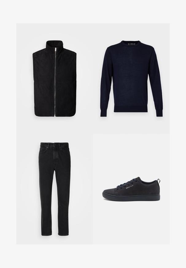Schwarze ärmellose Weste aus weichem Wildleder mit hohem Kragen und zentralem Reißverschluss, ausgestattet mit Seitentaschen und glatter Textur.; Navyblauer Langarmpullover aus einem glatten, leichten Stoff. Mit Rundhalsausschnitt und gerippten Bündchen und Saum. Minimalistisches Design.; Schwarze Denim-Jeans mit geradem Beinschnitt, ausgestattet mit einem Knopf- und Reißverschluss, Fronttaschen und subtiler Textur.; Marineblaues Wildleder-Sneaker mit glatter Textur, runder Zehenpartie, dunkler Gummisohle und passenden Schnürsenkeln. Mit "PS Paul Smith" Branding an der Seite.