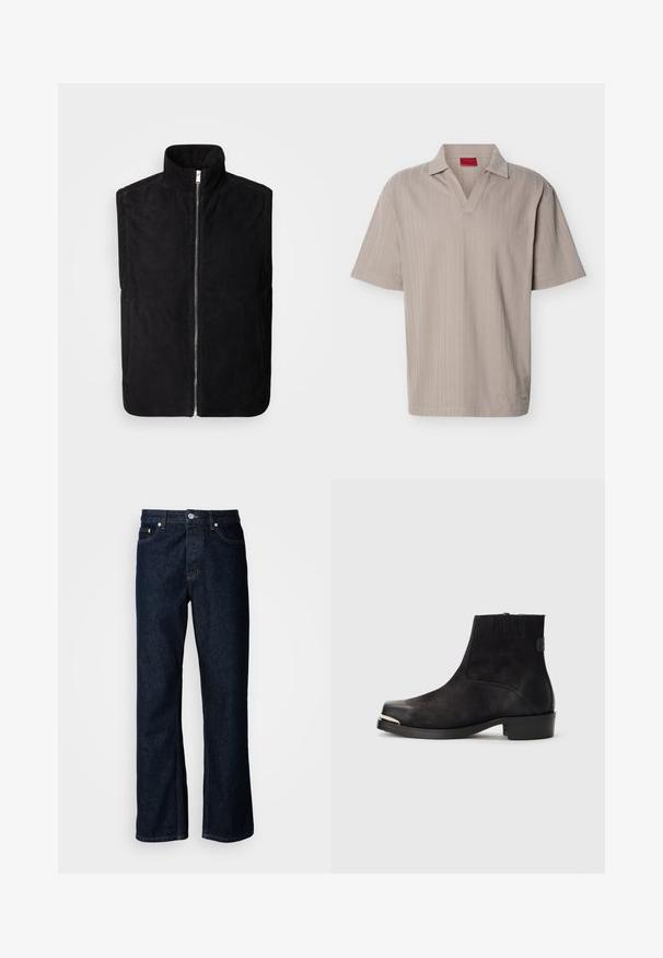 Sort ærmeløs vest lavet af blødt ruskind med høj krave og central lynlås, med sidelommer og glat tekstur.; Beige polo-shirt med korte ærmer i strik med et tekstureret lodret stribemønster og åben V-hals.; Mørkeblå denim jeans med lige ben, der har fem-lomme design, knappelukning og orange syninger.; Sort ankelstøvle med ruskind og lædermaterialer, rund tå, lille hæl, sølvmetallic accent på tåen og elastiske sider.