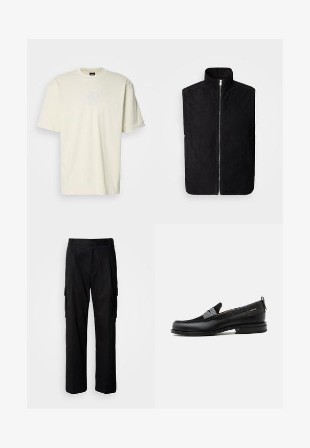 Veste noire sans manches en daim doux avec un col montant et une fermeture éclair centrale, dotée de poches latérales et d'une texture lisse.; T-shirt en coton crème à manches courtes, coupe décontractée, encolure ronde, avec un logo texturé gris subtil à l'avant.; Pantalon cargo noir à coupe décontractée, avec poches latérales, fermeture par bouton, et tissu léger et lisse.; Mocassin en cuir noir avec détail de bride grise, talon bas et semelle texturée, marqué "HUGO" en or sur le côté.