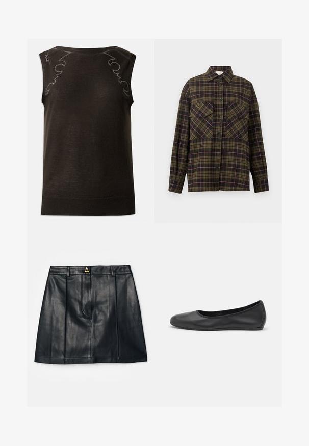 Top negro sin mangas en una suave tela de punto con una textura suave. Presenta costuras decorativas a lo largo de los hombros y el escote.; Camisa de hombre de manga larga con botones, con estampado de cuadros en verde oliva, negro y rosa y dos bolsillos delanteros con solapa.; AERON RUDENS SKIRT - Falda acampanada - black; Bailarina de piel negra con punta redondeada, textura suave, detalle de costura minimalista y diseño de suela flexible.