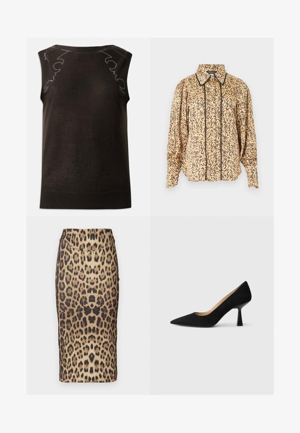 Zwarte mouwloze top van een zachte tricot stof met een gladde textuur. Kenmerkt zich door decoratieve stiksels langs de schouders en de halslijn.; Beige blouse met lange mouwen en zwart abstract patroon, puntkraag, knopen aan de voorkant en zwarte bies langs de knopenlijn en kraagranden.; Een kokerrok met luipaardprint, met een aansluitend ontwerp, een middelhoge taille en een gladde textuur. Het patroon bestaat uit verschillende bruine en zwarte vlekken.; Zwarte suède high-heeled pump met een spitse neus, voorzien van een glanzende zwarte blokhak en een gladde binnenvoering.