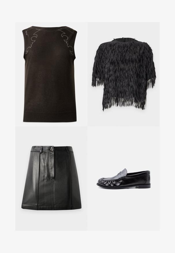 Sort ærmeløs top i blødt strikstof med en glat tekstur. Har dekorativ syning langs skuldrene og halsudskæringen.; Sort crop top med frynsedesign lavet af tekstureret stof. Rund halsudskæring med lynlås i ryggen. Korte ærmer.; Sorte læderskirt med en struktureret form, der har en frontlomme og en metalaccent i taljen. Glat tekstur og broderede detaljer.; Sort læder herre loafer med penny-rem og detaljeret syning langs den afrundede tå, flad sål og lav hæl.