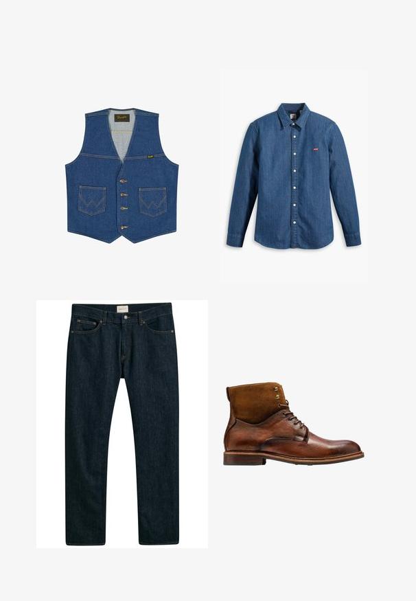 Blaue Jeansweste mit vorderen Knöpfen, zwei Fronttaschen mit W-förmiger Naht und einem Wrangler-Markenetikett auf der Innenseite des Kragens.; Dunkelblaue Jeanshemd mit langen Ärmel, Kragen und Knopfverschluss. Mit einem kleinen roten Levi's-Logo auf der Brust. Glatte Textur.; Dunkelblaue Denims mit geradem Bein, fünf Taschen-Stil und Kontrastnähten an den Nähten. Glatte Stofftextur.; Kazar ALID - Schnürstiefelette - brown