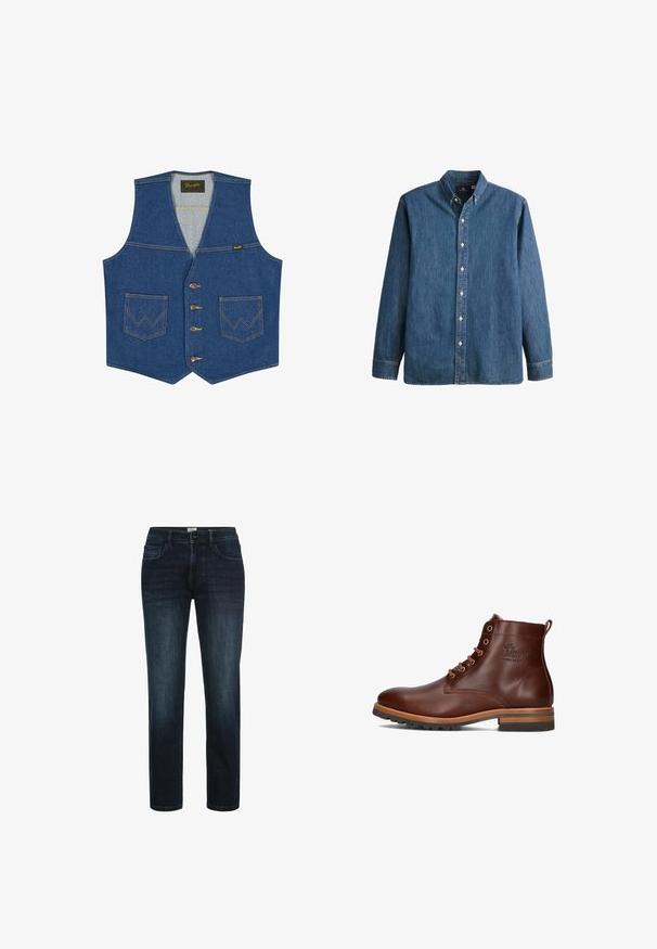 Blaue Jeansweste mit vorderen Knöpfen, zwei Fronttaschen mit W-förmiger Naht und einem Wrangler-Markenetikett auf der Innenseite des Kragens.; Denim-Hemd in Mittelblau, mit langen Ärmeln, spitzem Kragen, weißen Knöpfen und einer taillierten Passform sowie dezentem Logostick.; Dunkelblaue Denim-Jeans mit geradem Bein, ausgestattet mit fünf Taschen, einem Knopfverschluss und dezentem Verblassen an den Oberschenkeln.; Braune Leder-Ankle-Boots mit runder Zehenpartie, Schnürdesign, kontrastierendem Absatz und Laufsohle sowie geprägtem Logo an der Seite.