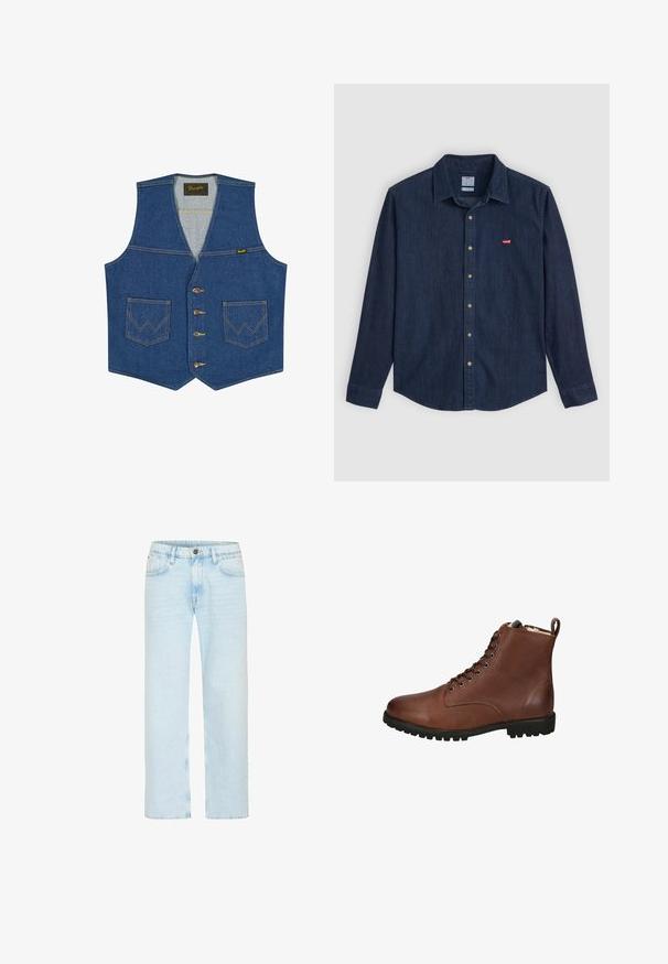 Chaleco vaquero azul con botones frontales, dos bolsillos delanteros con costura en forma de W y una etiqueta de la marca Wrangler en el interior del cuello.; Camisa de mezclilla oscura con botones, cuello puntiagudo, mangas largas y un pequeño logo rojo en el pecho. Presenta botones de latón y un ajuste clásico.; Los jeans de denim azul claro cuentan con un diseño de pierna recta, con un cierre de botón clásico, cinco bolsillos y un ligero desgastado para aportar textura.; Botas de tobillo de cuero marrón con un acabado texturizado, parte delantera con cordones, punta redondeada y suela de goma gruesa. Incluye un tirador en la parte trasera.