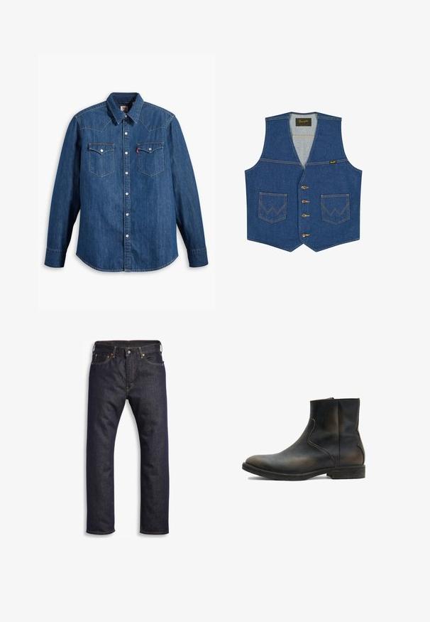 Blaue Jeansweste mit vorderen Knöpfen, zwei Fronttaschen mit W-förmiger Naht und einem Wrangler-Markenetikett auf der Innenseite des Kragens.; Dunkelblaue Jeanshemd mit langen Ärmeln, spitzem Kragen und Druckknöpfen. Verfügt über zwei Brusttaschen mit Klappen und kontrastierenden Nähten.; Dunkelblaue Jeans aus Denim mit geradem Schnitt, Fünf-Taschen-Design, metallischen Komponenten und kontrastierenden orangen Nähten. Glatte Textur, keine sichtbaren Muster.; AllSaints LANG - Stiefelette - brown