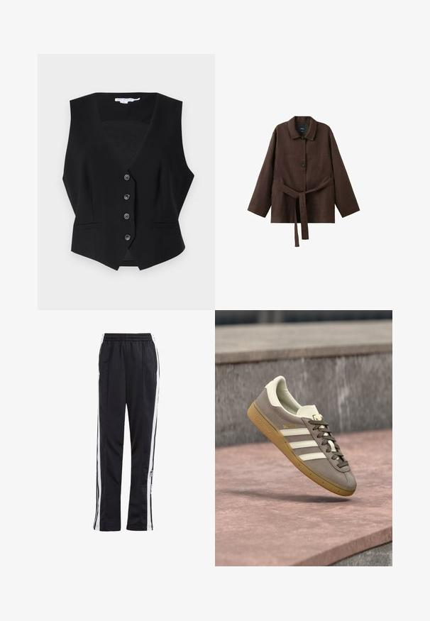Good American SUITING - Weste - black; Dunkelbraune Langarmjacke mit Kragen, zwei Knöpfen und einem passenden Stoffgürtel, der in der Taille gebunden ist.; Schwarze Jogginghose mit weißen Seitenstreifen, elastischem Bund und einem Logo-Patch. Hergestellt aus glattem, leichtem Stoff. Gerades Bein-Design.; Hellbrauner Adidas-Sneaker aus Wildleder mit weißen Streifen und einer braunen Gummisohle, schwebt über rosa Steinstufen im Freien.