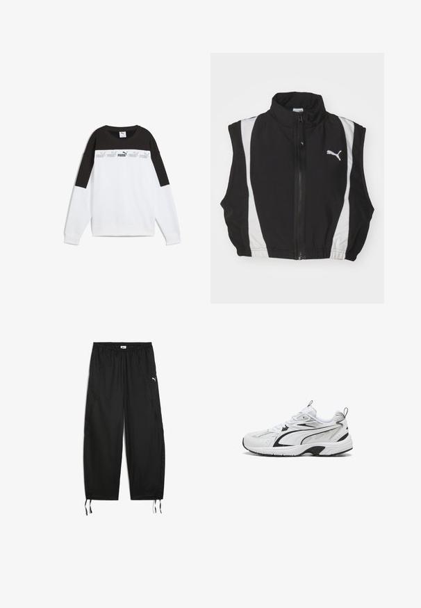 Gilet sans manches noir avec col haut, dotée de bandes latérales blanches et d'une fermeture éclair à l'avant ; le tissu semble lisse et léger avec un logo.; Sweatshirt blanc avec un panneau supérieur noir, arborant un logo "PUMA" gris répété. Fabriqué en tissu doux avec des manches longues et un col rond.; Pantalons de sport noirs en tissu léger avec une taille élastique, des ourlets à cordon et des coutures latérales. Présente un petit logo blanc.; Baskets de sport blanches et noires avec des détails en mesh et en cuir, fermeture à lacets et semelle épaisse et rembourrée sur un fond blanc.