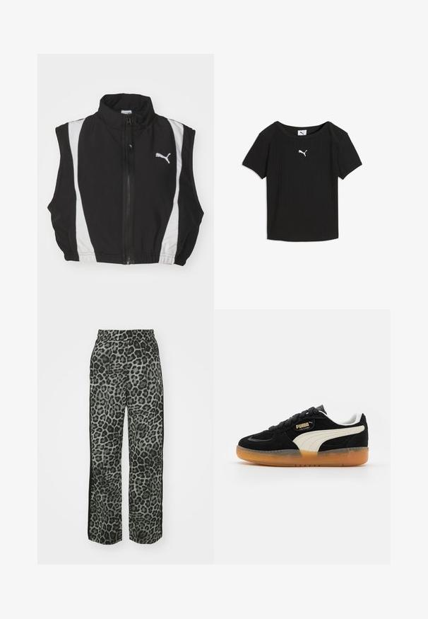 Zwarte mouwloze vest met hoge kraag, met witte zijstrepen en een rits aan de voorkant; de stof lijkt glad en lichtgewicht met een logo.; Zwart geribd Puma T-shirt met korte mouwen, ronde hals en wit Puma-logo in het midden van de borst.; Leopardprintbroek in grijstinten met een relaxed fit, elastische tailleband en zwarte zijaccenten voor extra detail en contrast.; Zwarte suède sneakers met witte accenten en een gumrubberen zool. Heeft een gevoerd kraagje en platte veters, merkteken in goud.