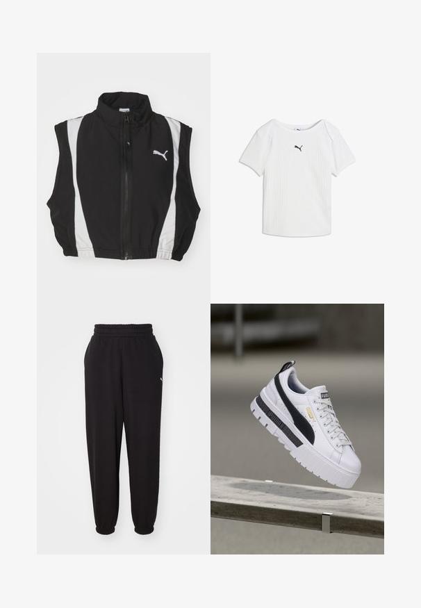 Sort ærmeløs vest med høj krave, der har hvide sidestropper og en lynlås foran; stoffet ser glat og let ud med et logo.; Hvid ribstrikket T-shirt med korte ærmer, rund halsudskæring og et lille sort Puma-logo i midten af brystet.; Sorte sweatpants lavet af blødt stof, med en ribbet talje og mansjetter ved anklerne. Indeholder en lille logoaccent på siden.; Hvid Puma platform-sneaker med sort stribe og gyldent logo, svævende over en betonbænk i udendørs omgivelser.