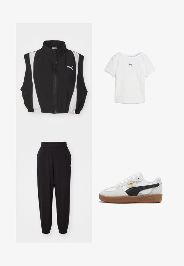 Chaleco sin mangas negro con cuello alto, presenta franjas laterales blancas y una cremallera en el frente; la tela parece suave y ligera con un logo.; Camiseta blanca acanalada de manga corta con escote redondo y un pequeño logo negro de Puma en el centro del pecho.; Pantalones de chándal negros hechos de tela suave, con cinturilla acanalada y tobillos ajustados. Incluye un pequeño logotipo en el costado.; Zapatillas de cuero blanco con una franja de ante negro, suela de goma y branding dorado en el costado. Diseño con cordones y puntera redondeada.