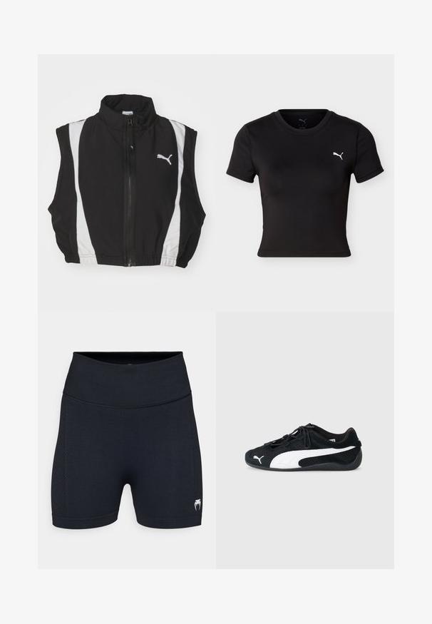 Sort ærmeløs vest med høj krave, der har hvide sidestropper og en lynlås foran; stoffet ser glat og let ud med et logo.; Sort kortærmet, kort crop-top sports-t-shirt med rund hals og hvidt Puma-logo på venstre bryst.; Sorte atletiske shorts med en glat stof og mesh-sidedele. Har en bred talje og et lille logo på det nederste ben.; Sorte atletiske sko i mesh og læder, med et hvidt Puma-logo, elastiske snørebånd og en struktureret gummisål.