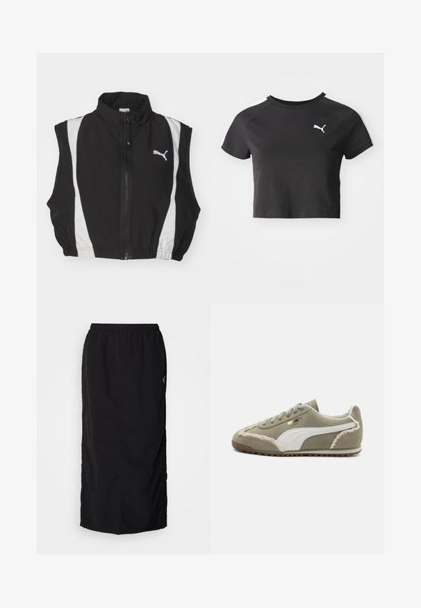 Sort ærmeløs vest med høj krave, der har hvide sidestropper og en lynlås foran; stoffet ser glat og let ud med et logo.; Sort cropped t-shirt lavet af bomuld, med rund halsudskæring, korte raglanærmer og et hvidt Puma-logo på venstre bryst.; Sort atletisk nederdel med elastisk talje, der har sideskaller for nem bevægelse og minimal mærkning på højre side.; Grønne ruskind sneakers med hvide læderdetaljer, struktureret syning, snørelukning og gummisål. Har unikke designfunktioner langs siderne.