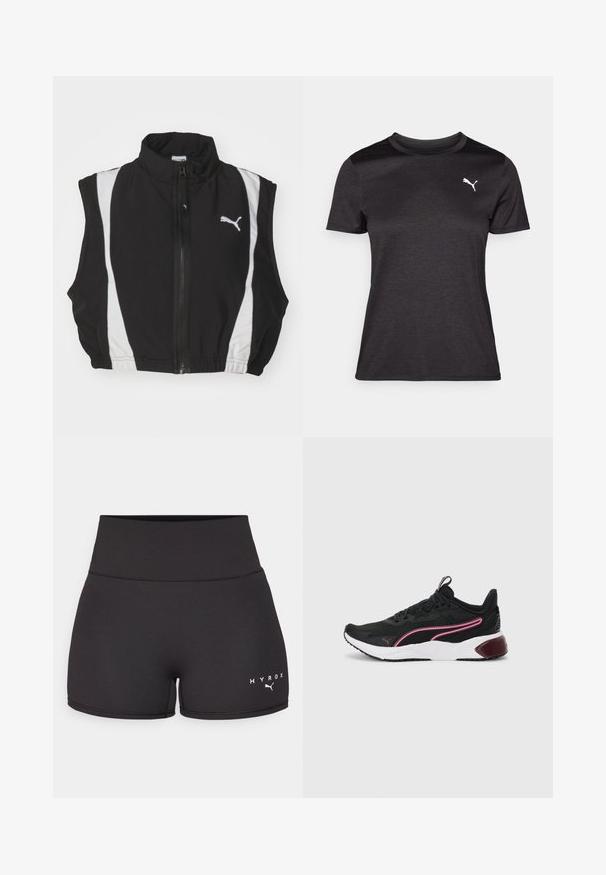 Schwarze ärmellose Weste mit hohem Kragen, ausgestattet mit weißen Seitenstreifen und einem Frontreißverschluss; der Stoff wirkt glatt und leicht und hat ein Logo.; Schwarzes Sport-T-Shirt mit kurzen Ärmeln, Rundhalsausschnitt und einem weißen Logo auf der Brust. Glatte Textur und figurbetonter Schnitt.; Schwarze Sportshorts aus dehnbarem Material. Hohe Taille mit weißem "HYROX"-Text und Logo auf der linken unteren Seite. Glatte Textur.; Schwarze Sportsneaker mit einem Mesh-Obermaterial, pinken Akzenten, weißer Zwischensohle und Gummisohle. Verfügt über ein sicheres Schnürdesign und einen gepolsterten Kragen.