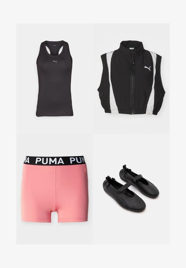 Sort ærmeløs vest med høj krave, der har hvide sidestropper og en lynlås foran; stoffet ser glat og let ud med et logo.; Sort atletisk tanktop med racerback-design, lavet af glat stof, med et lille gråt logo i midten på fronten.; Lyserøde sportsshorts med sort elastisk linning med hvid "PUMA" tekst, vist mod en ensartet lys baggrund.; Par sorte læder Mary Jane-stil sko med elastisk bagpå og velcrolukning, med en diskret Puma-logo på hver tå.