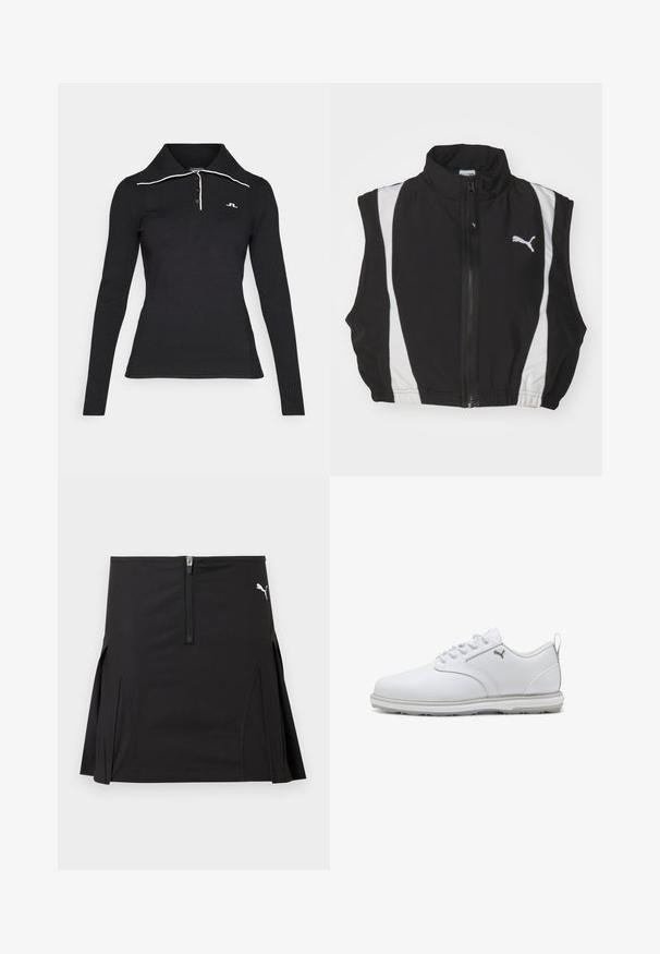 Zwarte mouwloze vest met hoge kraag, met witte zijstrepen en een rits aan de voorkant; de stof lijkt glad en lichtgewicht met een logo.; Zwart langemouwen poloshirt met een geribbelde textuur, drie-knopen sluiting en contrasterende witte kraagdetails. Logo geborduurd op de borst.; Zwarte sportbroek met rits aan de voorkant en plooien aan de zijkant, met een wit Puma-logo aan de rechterbovenkant.; Witte sportschoenen met een gladde synthetische lederen bovenkant, geperforeerde accenten, gewatteerde kraag en rubberen zool met goede grip. Zilveren logo detail.