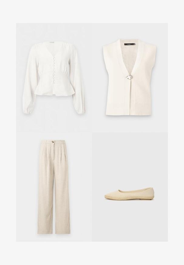 Mouwloze witte gebreide spencer met diepe V-hals en een enkele decoratieve ronde zilveren knoopsluiting middenvoor.; Witte blouse met lange mouwen, V-hals, nauwsluitende taille, met stof beklede knopen aan de voorkant en licht uitlopende zoom tegen een effen achtergrond.; Beige linnen broek met hoge taille, ruime pijpen, knoopsluiting en voorplooien, ontworpen voor een comfortabele pasvorm.; Beige ballerina met een bovenwerk van textuurstof en een geweven jute zool. Smalle, ronde neus en een lage uitsnijding. Lichtgewicht constructie.