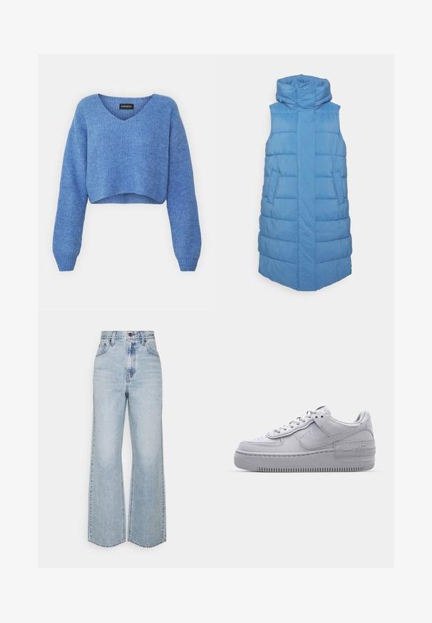 YAS Petite YASLIRO - Vest - blue; Sinine lühike sviiter V-kaelusega, soonikstruktuuriga ja pikkade varrukatega. Valmistatud pehmest materjalist. Silt: even&odd.; Heledad sinine teksariie laiad püksid, millel on kõrge vöökoht, klassikaline viie tasku disain ja kontrastne niit. Tootmisprotsessist tulenev töötlemata serv alumises osas.; Hallitus hallid Nike Air Force 1 sneakerid, millel on augustatud varvas, siledast nahast ülemine osa, paks tall ning reljeefne 'AIR' detail kontsapadjal.