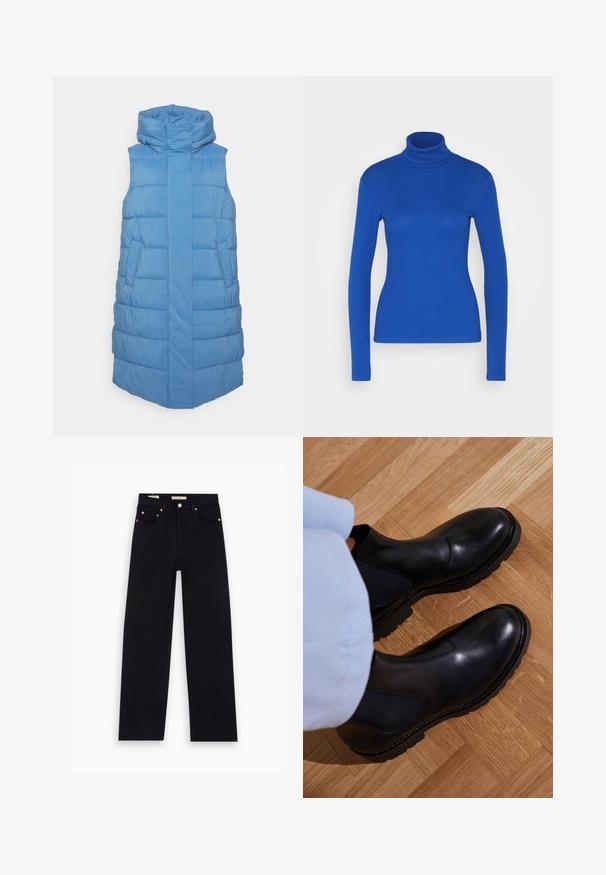 YAS Petite YASLIRO - Veste sans manches - blue; Haut bleu à manches longues en col roulé en matériau côtelé, présentant une silhouette ajustée et une texture lisse. Aucun détail supplémentaire.; Jean en denim noir avec une coupe droite, cinq poches, matériel en cuivre et texture lisse. Deux étiquettes visibles sur la taille.; Bottines noires en cuir lisse avec des panneaux latéraux élastiques, une semelle en caoutchouc texturé et des coutures contrastantes le long du bord.