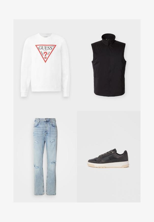 Sort ærmeløs vest med høj krave, lynlås foran og sidelommer med lynlås, vist på en hvid baggrund.; Hvid bomulds sweatshirts med et stort rødt trekantet logo med teksten "GUESS U.S.A." og "WASHED JEANS", samt et centralt spørgsmålstegn ikon.; Lysvaskede denimjeans med en afslappet pasform, der har slidte områder og frynsede kanter. Stoffet har en blød, glat tekstur.; mørk ruskindssneaker med sort læderdetaljer, rund tå, perforerede detaljer, grå snørebånd og en cremefarvet gummisål.
