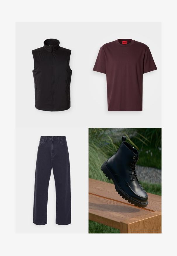 Sort ærmeløs vest med høj krave, lynlås foran og sidelommer med lynlås, vist på en hvid baggrund.; Bordeauxfarvet bomulds-T-shirt med rund halsudskæring. Har en diskret præget "HUGO"-logo på forsiden og korte ærmer. Enkel design, glat tekstur.; Mørk vaske denim jeans med en bred ben silhuet, høj talje og fem-lomme design. Har en klassisk knap- og lynlåslukning.; Sort læder ankelstøvle med en glat finish, snørebånd fortil, tyk sål med ribbede kanter og en tab. Placeret over en træflade.