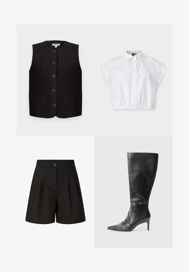 Veste noire sans manches avec encolure ronde et cinq boutons noirs à l'avant, coupe ajustée, étiquette de la marque "PIECES" à l'intérieur du col.; Chemise blanche courte à manches courtes, boutonnée, avec col et ourlet élastique, posée à plat sur fond blanc.; Shorts noirs taille haute ajustés avec plis à l'avant, fermeture par bouton et finition tissu lisse.; Bottes noires en cuir montant jusqu'au genou, avec un talon fin, un bout pointu et des détails de lanière à la cheville. Texture lisse et design ajusté.