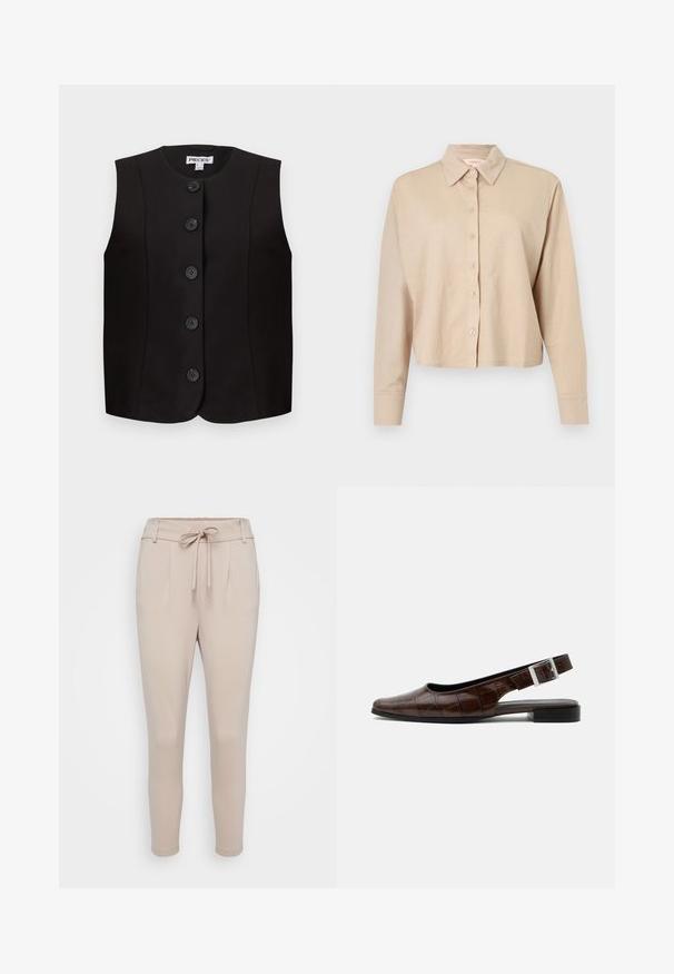 Chaleco negro sin mangas con escote redondo y cinco botones negros en la parte delantera, corte entallado, etiqueta de la marca "PIECES" en el interior del cuello.; Camisa cropped beige de manga larga con cuello y cierre frontal de botones, hecha de tela suave y ligera.; Pantalones beige confeccionados en una tela suave, con cinturilla elástica ajustable, pliegues frontales y piernas estrechas. Textura lisa sin patrones visibles.; Zapato plano de piel marrón oscuro con tira trasera, punta cuadrada, textura de cocodrilo y hebilla plateada en la correa.