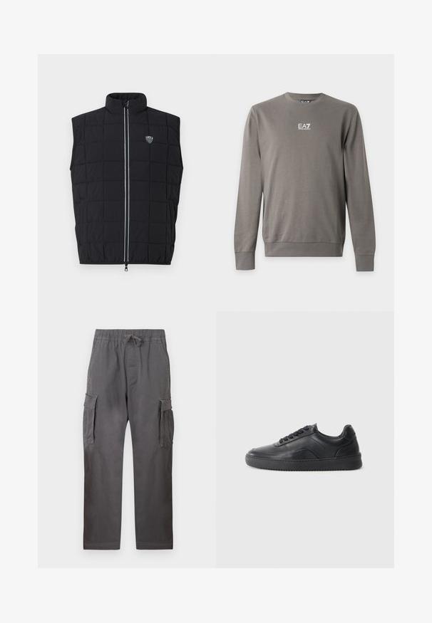 Veste sans manches matelassée noire avec un col montant, un design matelassé, une fermeture éclair verticale et un écusson logo sur le côté gauche de la poitrine.; Sweat-shirt gris à manches longues avec col rond et logo EA7 Emporio Armani blanc sur la poitrine, poignets et ourlet côtelés.; Pantalon cargo gris en coton, avec une ceinture élastique à cordon de serrage, deux poches latérales et deux poches plaquées sur les cuisses.; Chaussure de sport en cuir noir avec une finition lisse, bout arrondi, panneau latéral texturé et lacets noirs. Présente une semelle en caoutchouc plate et un design minimaliste.