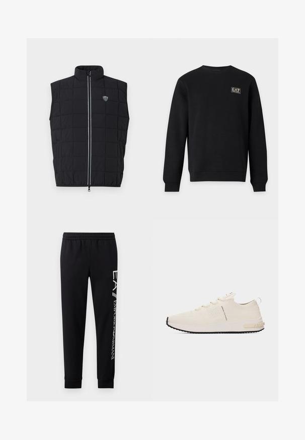 Chaleco acolchado negro sin mangas con cuello alto, diseño acolchado, cierre vertical con cremallera y parche con logo en el pecho izquierdo.; Sudadera negra de manga larga con cuello redondo y pequeño logo blanco EA7 Emporio Armani en la parte superior izquierda del pecho.; Pantalones de chándal negros hechos de una mezcla de algodón, con una cinturilla elástica, piernas estrechas, puños acanalados y estampado de logo blanco en el lateral.; Zapatilla baja de punto color blanco hueso con cierre de cordones, suela negra y texto "Armani Exchange" en el lateral y la lengüeta del talón.