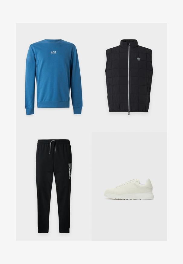 Veste sans manches matelassée noire avec un col montant, un design matelassé, une fermeture éclair verticale et un écusson logo sur le côté gauche de la poitrine.; Sweat-shirt bleu manches longues col rond avec logo blanc "EA7 Emporio Armani" centré sur la poitrine.; Pantalon de survêtement noir avec taille élastique, cordon de serrage ajustable et logo imprimé sur le côté. Tissu lisse avec une coupe fuselée.; Baskets blanches en cuir avec un dessus texturé, bout rond, semelle plate blanche et lacets ton sur ton. Marque discrète sur la languette.