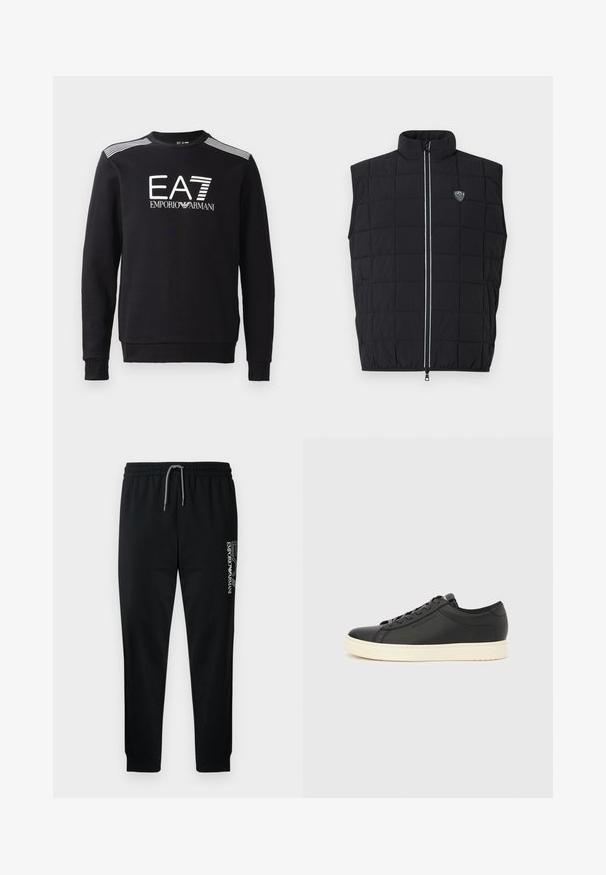 Mustast värvist varrukateta tihenpadi vest, millel on kõrge krae, tikitud muster, vertikaalne tõmblukuga sulgus ja vasakul rinnal logomärk.; Must värvi puuvillane sweatshirt, millel on ümar kaelus, pikad varrukad, valge EA7 logo ja triibud õlgadel.; Mustad dressipüksid elastse vöökoha, reguleeritava nööriga ja küljel trükitud logoga. Sile kangas kitseneva lõikega.; Must nahast toss, sileda pinnaga, valge kummist tallaga, ümara nina ja sobivate mustade paeltega. Külgedel õrnalt brändinguga.