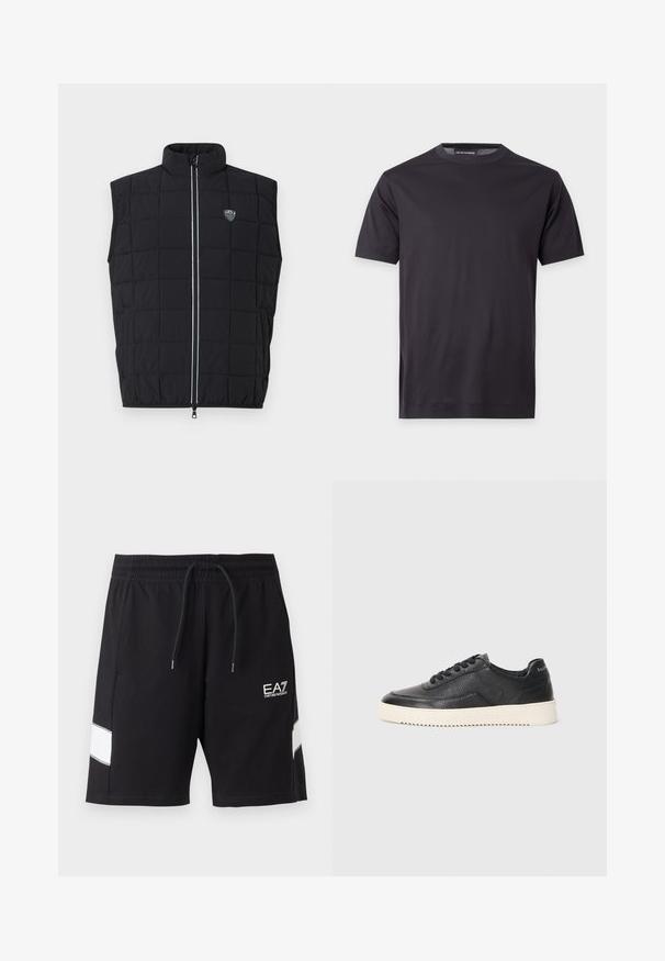 Veste sans manches matelassée noire avec un col montant, un design matelassé, une fermeture éclair verticale et un écusson logo sur le côté gauche de la poitrine.; T-shirt noir uni à manches courtes avec col rond, avec un petit logo ton sur ton sur la poitrine gauche et une étiquette de marque au niveau du col.; Short de sport noir avec taille élastique et cordon, bandes blanches inclinées sur les côtés et logo blanc EA7 Emporio Armani sur la jambe droite.; Baskets en cuir noir avec finition texturée, bout rond et semelle plate en caoutchouc blanc. Présentent des lacets noirs et un logo sur le talon.