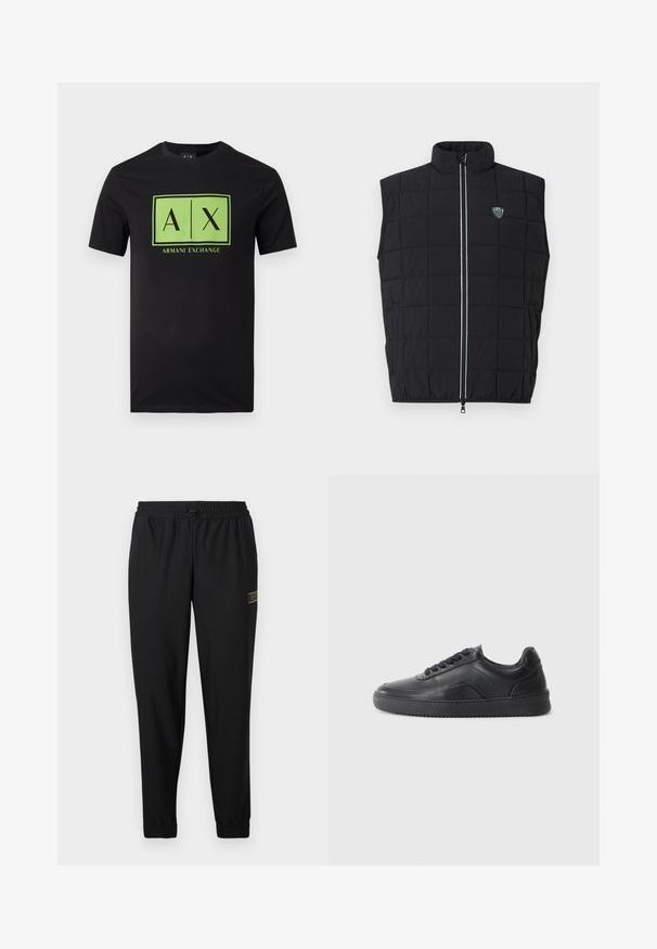 Veste sans manches matelassée noire avec un col montant, un design matelassé, une fermeture éclair verticale et un écusson logo sur le côté gauche de la poitrine.; T-shirt noir à manches courtes avec un logo rectangulaire vert comportant les textes "A|X" et "Armani Exchange" centrés sur le devant.; Pantalon de sport noir en tissu texturé, taille élastique, cordon de serrage, jambes fuselées, avec un petit logo doré sur le côté gauche.; Chaussure de sport en cuir noir avec une finition lisse, bout arrondi, panneau latéral texturé et lacets noirs. Présente une semelle en caoutchouc plate et un design minimaliste.