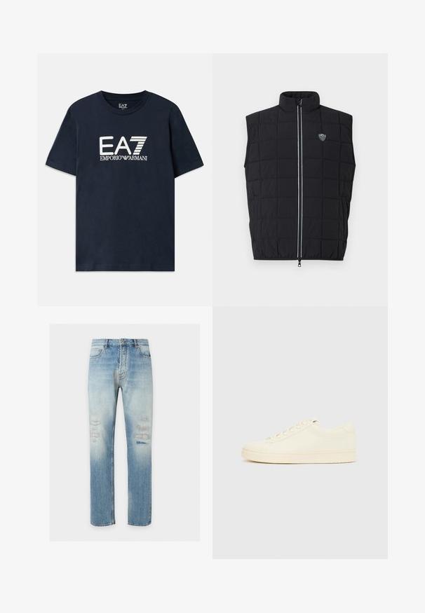 Chaleco acolchado negro sin mangas con cuello alto, diseño acolchado, cierre vertical con cremallera y parche con logo en el pecho izquierdo.; Camiseta de algodón azul con mangas cortas y escote redondo. Presenta un destacado logo blanco de EA7 Emporio Armani en la parte delantera.; Vaqueros de pierna recta de color azul claro con detalles sutiles desgastados y desteñidos en la parte frontal de los muslos, estilo clásico de cinco bolsillos y cierre de botón.; Zapatilla de color crema con parte superior de cuero liso, puntera redondeada, cierre de cordones y suela de goma texturizada. Diseño minimalista, sin logotipos.