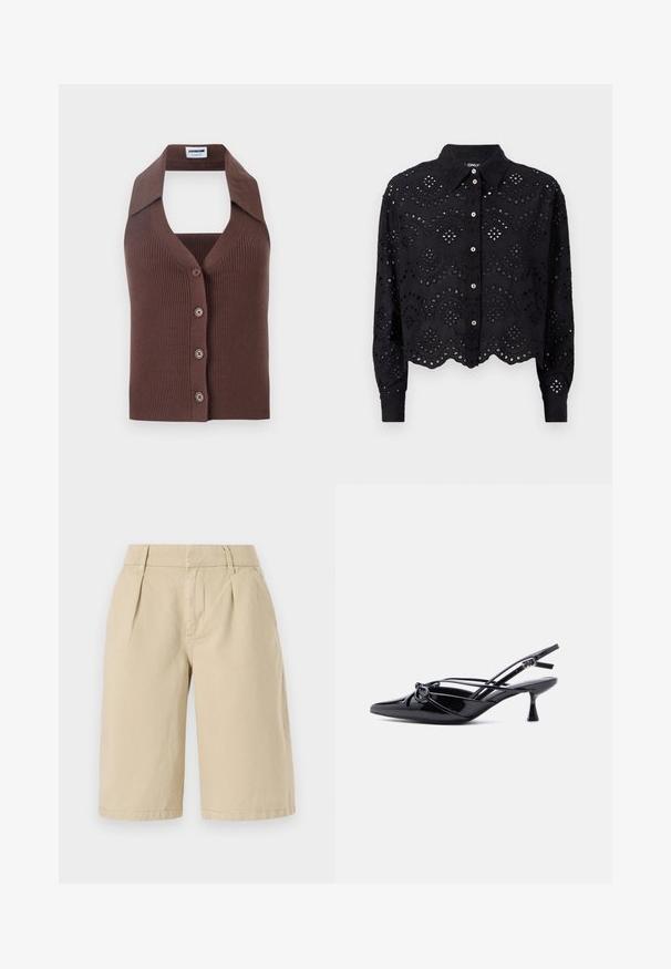 Bruin geribbeld gebreid vest met halternek, voorzien van een knoopsluiting aan de voorkant en een ontspannen pasvorm. Korte kraag voegt structuur toe aan het ontwerp.; Zwart cropped shirt met geborduurd oogjesontwerp, golvende zoom, lange mouwen, knoopsluiting en een gestructeerde kraag.; Beige katoenen shorts met een relaxed fit, voorzien van voorplooien en zijzakken, die net boven de knieën eindigen met een nette zoom.; Zwarte slingback pump van lakleer met een spits toelopende neus, lage kittenhak en decoratieve knoopstrik aan de voorkant.