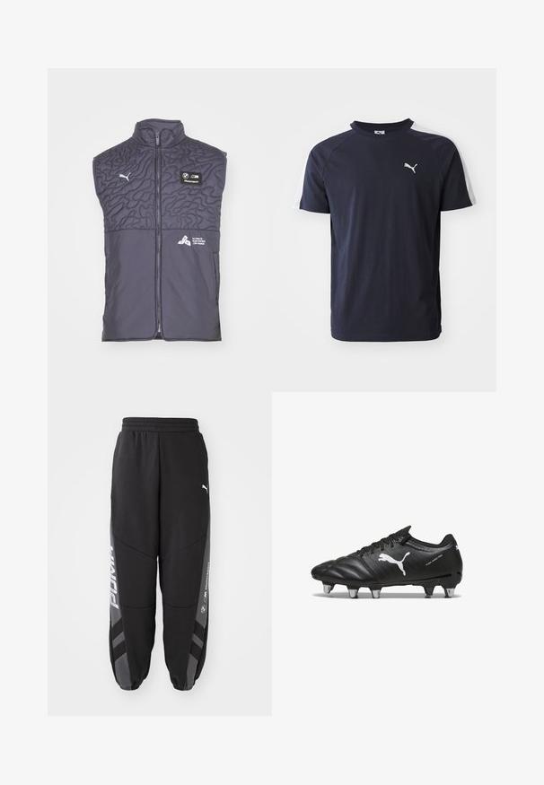 Puma BMW STATEMENT - Vesta - galactic gray; Tmavomodré tričko s krátkym rukávom z ľahkej bavlny, s bielymi raglánovými rukávmi a malým bielym logom Puma na hrudi.; Čierne jogger nohavice vyrobené z mäkkého materiálu. Majú elastický pás, zúžené nohy, sivé akcenty a biele logá po stranách.; Čierne futbalové kopačky s textúrovaným materiálom, biele logo Puma, šnurovací systém a kovové kolíky pre trakciu. Dizajn zdôrazňuje výkon a podporu.