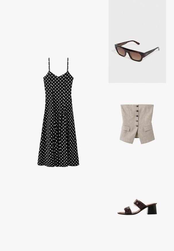 Gilet style corset à carreaux beige et gris avec cinq boutons noirs au centre et deux poches à rabat près du bas.; Robe midi noire à pois blancs, bretelles spaghetti et corsage ajusté s'évasant en jupe trapèze.; Sandale marron foncé à bout ouvert avec deux brides réglables à boucle et un talon épais de hauteur moyenne.; Lunettes de soleil rectangulaires à monture écaille de tortue avec des verres dégradés marron et la marque "Vogue" dorée sur les branches et le coin du verre.