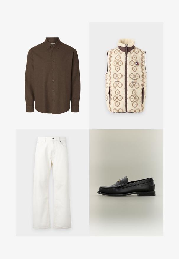 Fleece vest med en cremet bund, brun geometrisk mønster og lynlås foran. Har sidelommer og høj krave.; Langærmet brun skjorte med knapper, med klassisk krave og manchetter med en enkelt knap, vist mod en hvid baggrund.; Hvide flared jeans lavet af denim, med en standard talje, forlommer og knaplukning. Struktureret stof med en ren finish.; Sort læder slip-on loafer med lav hæl, guldbeslag og præget mærkenavn på siden mod en neutral baggrund.