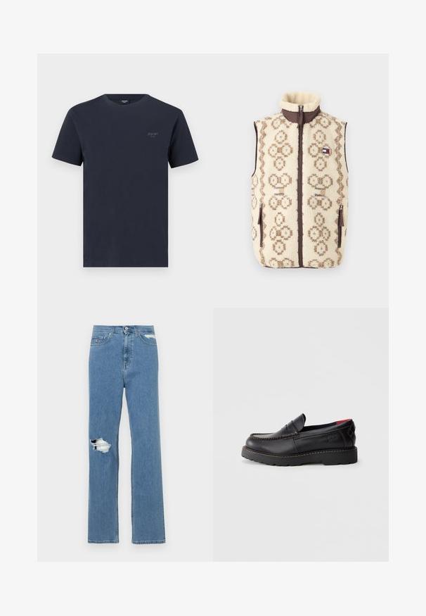 Fleece vest med en cremet bund, brun geometrisk mønster og lynlås foran. Har sidelommer og høj krave.; Marineblå bomuld t-shirt med rund hals, korte ærmer og et lille mærkelogo i grå på venstre bryst. Glat tekstur.; Blå denim jeans med høj talje, lige ben og en stor revne ved knæet, der har en let falmet finish og kontrastsyet.; Sorte læderslippersko med mokkastoftning, gummisål og en struktureret overflade. Har subtil branding på siden.