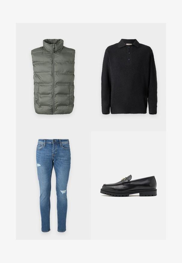 Grå polstret ærmeløs vest med høj krave, frontlynlås og to forlommer mod en hvid baggrund.; Sort strikket pullover med en struktureret finish, har en klassisk krave og en tre-knaps lukning. Lange ærmer med ribbede manchetter.; Fadede blå denim jeans med slim fit, der har slidte områder ved knæene, en knaplukning og fem-lomme design.; Sorte læder loafers med en glat finish, rund tå, en dekorativ rem med guldhardware og en robust sort sål.